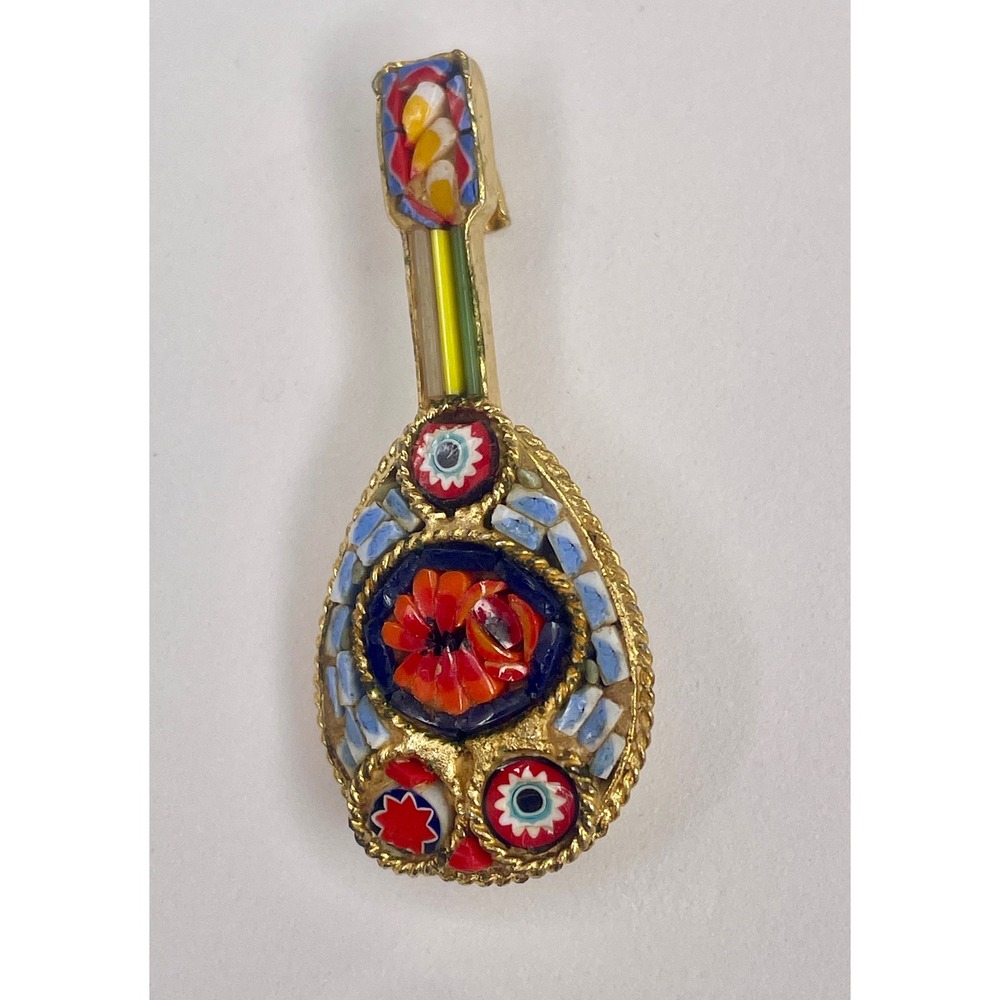 Mandolin Brooch Womens Multicolor Micro Mosaic Lute Vintage Italy